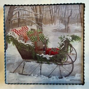 Christmas Gifts Sled Snow Scene Painted Wood Metal Plaque Picture Wall Shelf Art